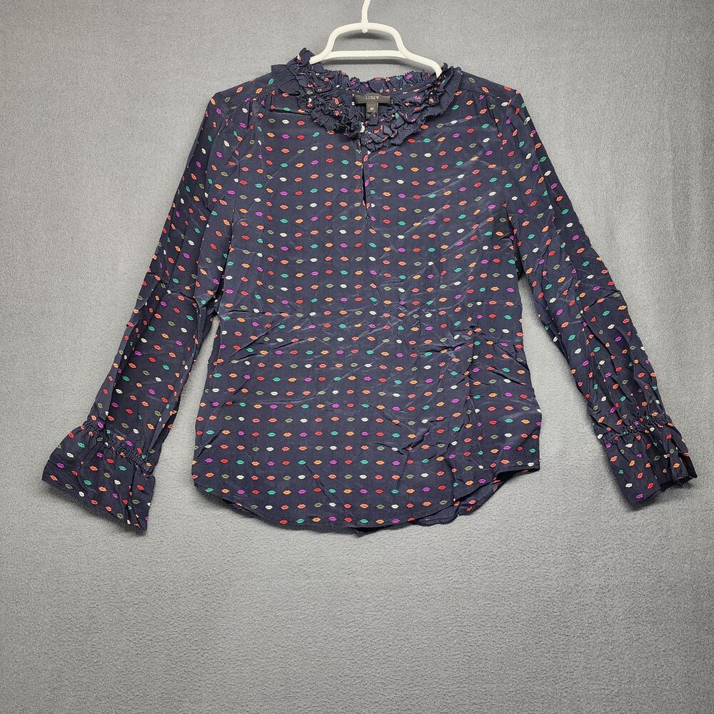 J Crew Shirt Womens 8 Petite Navy Blue Silk Ruffle Blouse Lip Print Long Sleeve